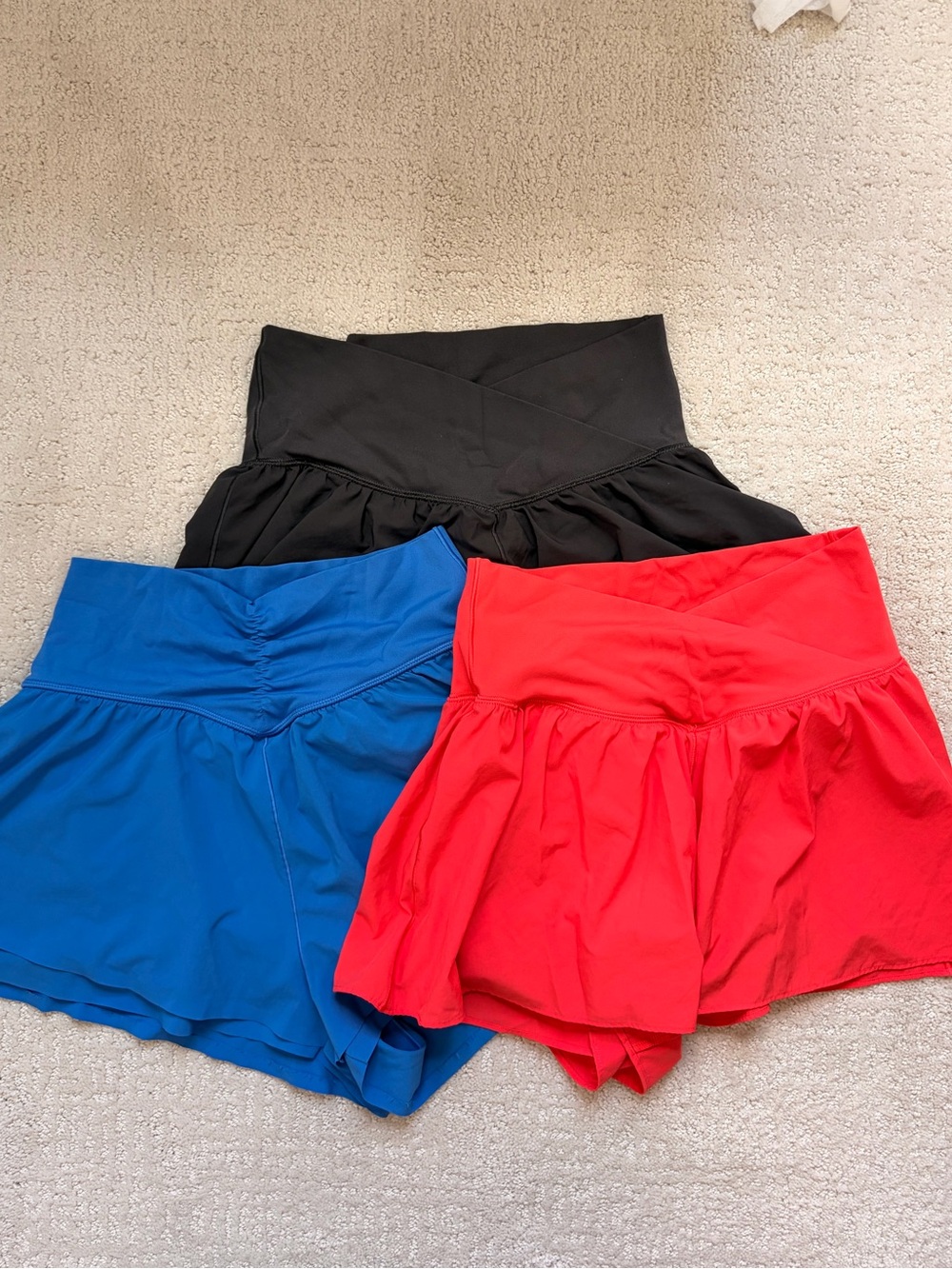 aerie offline crossover flowy Shorts Trio — Black, Blue & Red